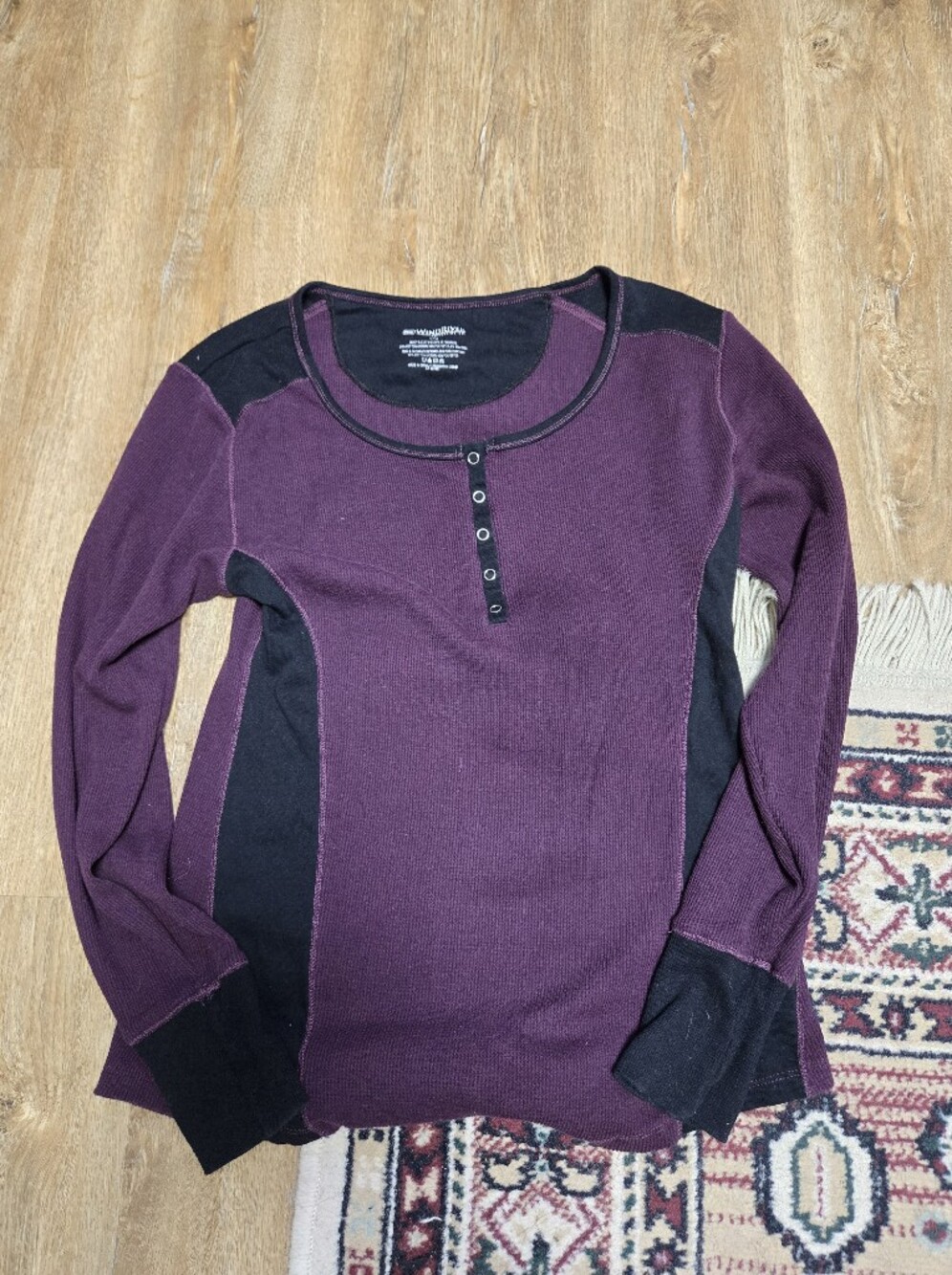 Purple Crewneck Henley Sweater with Black Contrast Panels